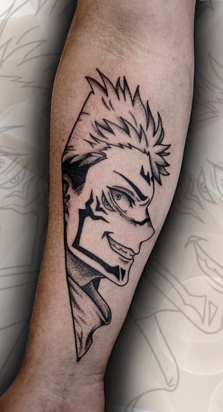 All Anime Tattoo, Anime Tattoos Forearm, Anime Tattoos Sukuna, Tattoo Sketches Anime, Anime Tattoos Arm, Sukuna Mouth Tattoo, Sukuna Tattoo Design, Jujutsu Kaisen Sukuna Tattoo, Jujutsu Kaisen Tattoo Design