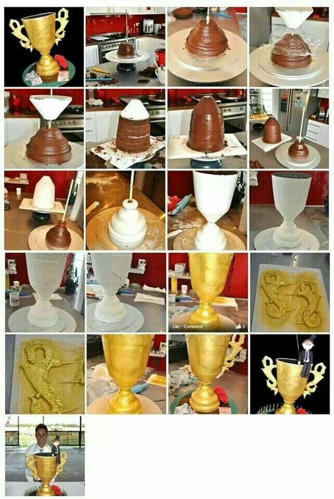 Making a trophy cake Trophy Cake, Tarta Real Madrid, 3d Cake Tutorial, Gravity Cakes, Cake Structure, Gravity Defying Cake, Gravity Cake, Sport Cakes, Sculpted Cakes