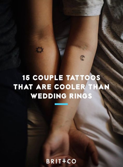 15 couple tattoo ideas that are cooler than wedding rings. Delicate Couple Tattoo, Couple Tattoo Side Rib, His And Hers Small Tattoos, Minimalist Husband And Wife Tattoo, Joining Tattoos For Couples, Tiny Couple Tattoos Unique, Unique Wedding Tattoos, Couples Meaningful Tattoos, Magnet Tattoo Couples