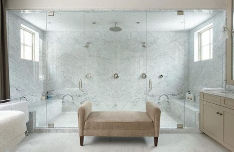 Large luxury shower with bianco gioia marble Unique Bathroom Design, Bathroom Remodel Cost, Walk In Shower Designs, Best Bathroom Designs, Bad Inspiration, Luxury Shower, Bathroom Top, Unique Bathroom, Large Shower