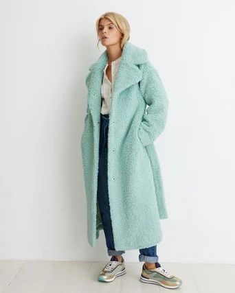 Luxe Mint Green Longline Borg Coat | Oliver Bonas Green Coat Outfit, Winter Coat Dress, Winter Coat Outfits, Winter Coat Parka, Long Winter Coats, Green Coat, Coat Outfits, Winter Coats Women, Women's Coats & Jackets