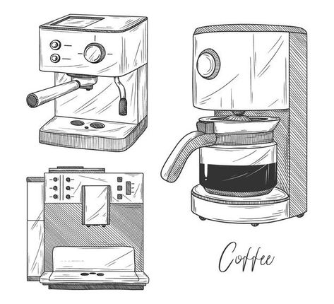 Coffee Machine Illustration Art, Coffee Maker Sketch, Coffee Machine Design Sketch, Coffee Machine Sketch, Coffee Drawing Ideas, Coffee Machine Drawing, Coffee Maker Drawing, Coffee Maker Illustration, Diy Coffee Maker