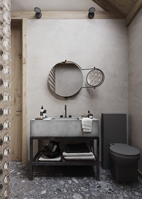 concrete bathroom farmhouse sink Contemporary Small House, Wabi Sabi Bathroom, Terrazzo Floor Tiles, Industrial Chic Interior, Interior Design Examples, Wabi Sabi Interior, Minimal Interior Design, Bad Inspiration, Open Plan Living Room