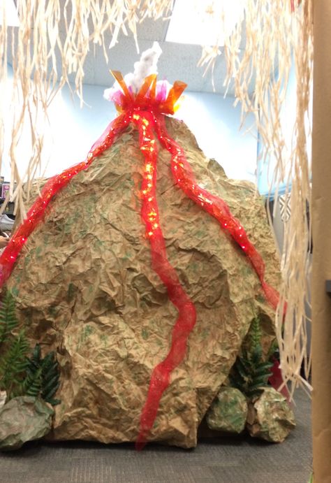 Volcano cubicle decor. Halloween 2017 Volcano Decoration, Volcano Party, Voodoo Party, Halloween Cubicle, Cubicle Decorations, Mystery Island, Fire Costume, Jungle Theme Classroom, Preschool Room