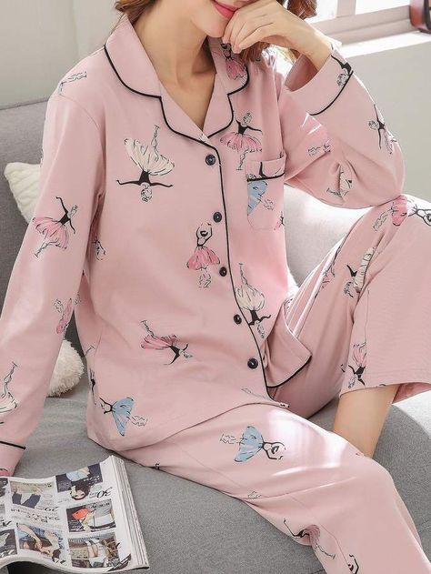 Shein Ballet Girl Print Button Up Pajama Set Night Suits Pajama Set, Girls Night Dress, Night Suit For Women, Button Up Pajamas, Ballet Girl, Frock Style, Pajama Outfits, Night Dress For Women, Night Suit