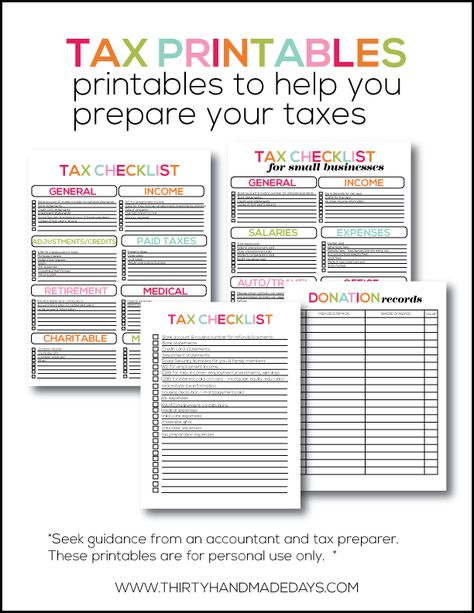 Tax Printables- easy checklists to help you prepare your taxes.  Add these to your budget binder!   from  www.thirtyhandmadedays.com Tax Checklist, Tax Organization, Small Business Tax, Family Binder, Tax Prep, Household Binder, Home Binder, Tax Forms, Business Tax