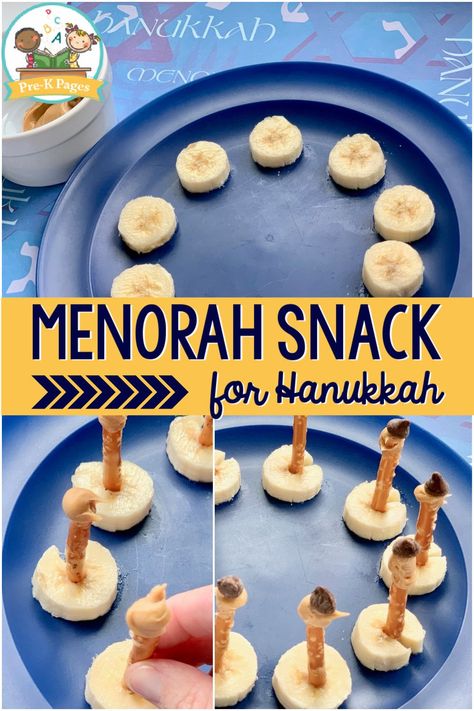 Hanukkah snack for preschool. Did you know that Hanukkah begins at sunset on December 10, 2020? There are many Christmas activities for kids out there, but I have found very few for Hanukkah. Here is a super easy and tasty Hanukkah snack you can make at home or in the classroom along with a list of my favorite Hanukkah books. Head over to the blog to get the Hanukkah Menorah Recipe and see the full book list. #Hanukkah #menorah #snack Hanukkah Activities For Preschoolers, Hannukah Lessons For Kids, Preschool Chanukah Activities, Diy Chanukah Decorations, Hanukkah Snacks For Kids, Hanukkah Food For Kids, Hanukkah Recipes For Kids, Hanakkuh Crafts For Kids, Preschool Hannukah Craft