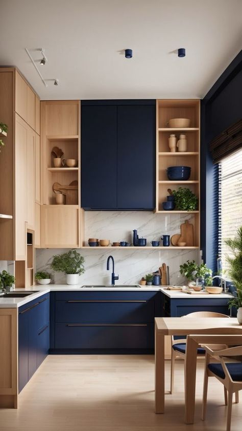 Small Kitchen Trends 2024 Interior Design, Home Design 2024, Kitchen Designs 2024, Modern Kitchen Design Blue, Kitchen Ideas 2024, Blue And Wood Kitchen, Blue Modern Kitchen, Blue Kitchen Modern, Modern Blue Kitchen