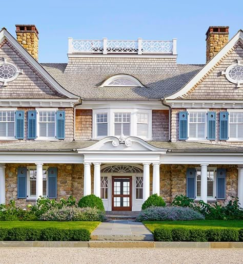 A closer look at the front exterior of our new Oceanfront Shingle home Nantucket House, Blue Shutters, Shingle Style Homes, Beach House Exterior, Exterior Inspiration, Cape House, Hamptons House, October 21, Island Home