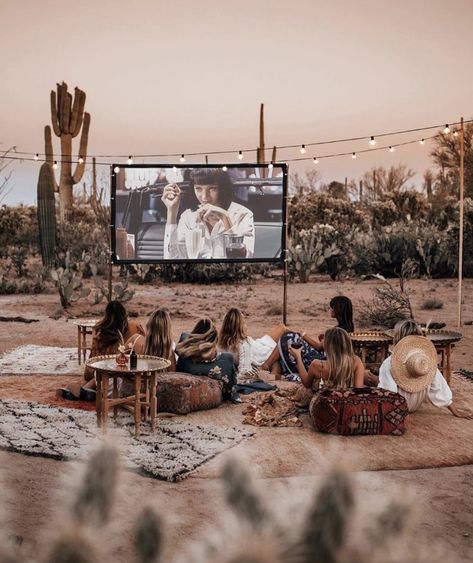 Backyard Movie Nights, Bohemian Garden, Outdoor Cinema, Girly Movies, Backyard Movie, Hens Party, Arizona Desert, Outdoor Movie, Deck Lighting