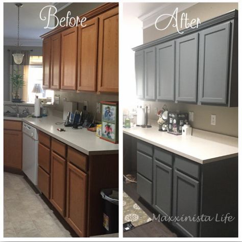 Painted Gray Kitchen Cabinets, Beyond Paint Before And After, Painted Kitchen Cabinets Before And After, Diy Painted Kitchen Cabinets, Cabinet Storage Kitchen, Diy Painted Kitchen, Spray Kitchen Cabinets, Dopamine Decorating, Kitchen Cabinets Painted Before And After