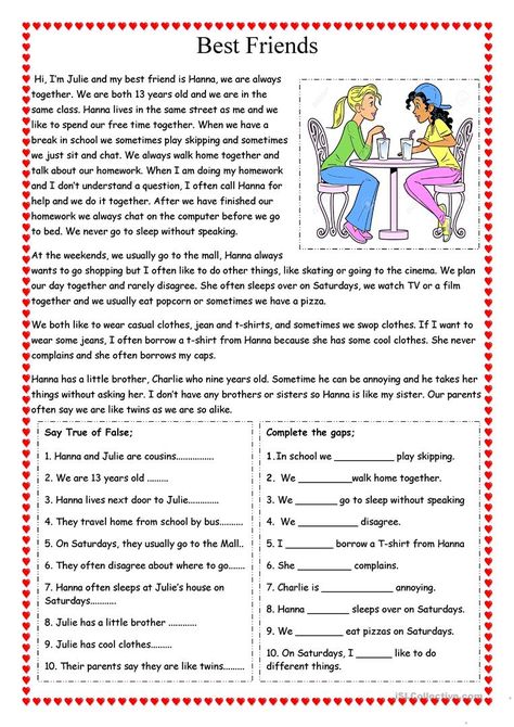 Friends Worksheet, Free Reading Comprehension Worksheets, Reading Comprehension Texts, Reading Comprehension For Kids, Esl Reading, Reading Comprehension Lessons, Worksheet For Kids, Free Friends, English Grammar Worksheets