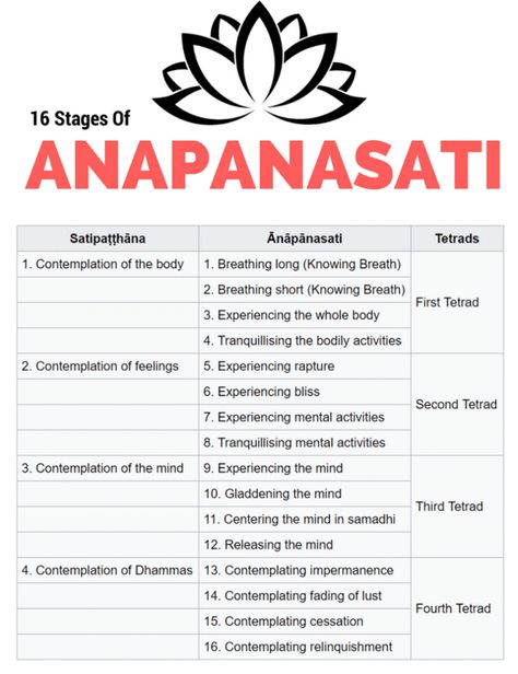 Here are the 16 stages of anapanasati meditation (Buddhist mindfulness of breath) as taught by Buddha. Anapanasati Meditation, Buddhist Mindfulness, Buddhist Meditation Techniques, Breath Meditation, Meditation For Health, Buddha Quotes Life, Vipassana Meditation, Kriya Yoga, Body Glow