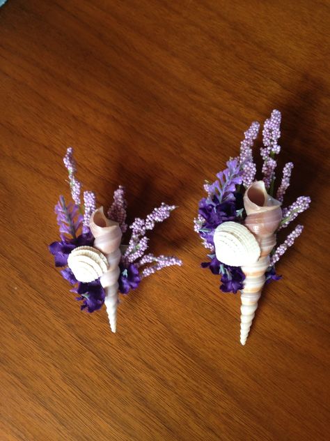 Shell Boutonnière for purple beach themed wedding. Smaller one for ring bearer. All products found at Michael's craft store. Purple Beach Wedding, Purple Groomsmen, Wedding Flowers Beach, Beach Wedding Purple, Beach Wedding Decorations Reception, Flowers Beach, Beach Wedding Centerpieces, Purple Beach, Beach Wedding Colors