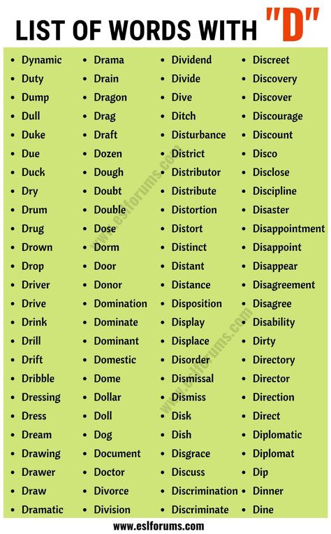 Words that Start with D | List of 200+ Common Words Starting with D - ESL Forums D Words, Character Classes, Perfume Names, Scrabble Words, List Of Words, Image Positive, Descriptive Words, Interesting English Words, Good Vocabulary Words