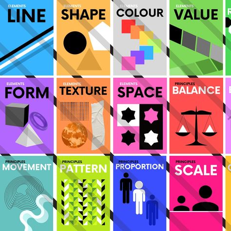 Original designed high quality posters for the Elements and Principles of Design. Created by myself with the intended use being in classrooms/learning environments.  Digital Download. Includes 19 posters. (with an extensive range of principles)   Colour and Color option both included. File size is A2, meaning it can be printed out A2, A3, A4, A5 etc. Elements And Principles Of Design, Illustration Software, Buch Design, Poster Inspiration, Elements And Principles, Interior Design Elements, Graphic Design Elements, Principles Of Art, Plakat Design