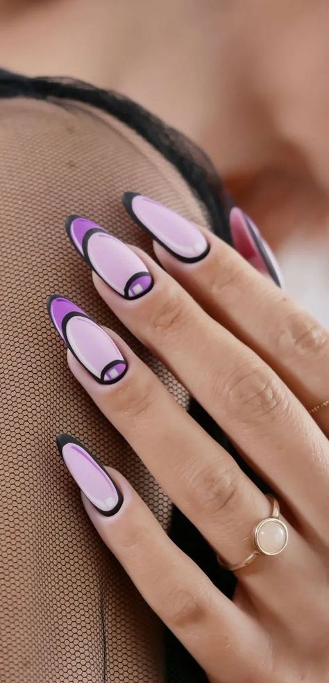 purple toned comic nails, comic nails, comic cartoon nails, comic french nails Purple Cartoon Nails, Colour Nail Ideas, Minimalist Pink Nails, Blue And Green Nails, Nail Ideas Designs, Comic Nails, Comic Book Nails, Cartoon Nail Designs, Colored French Tips