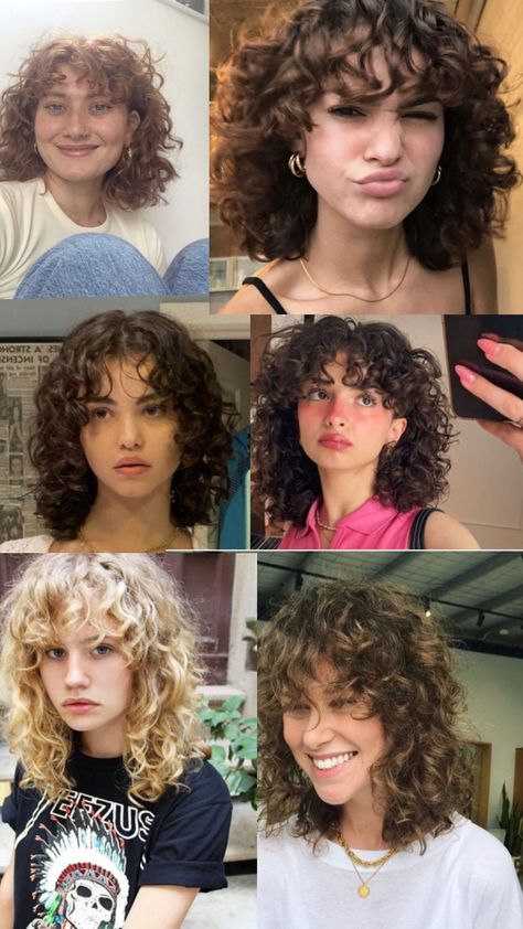 Interesting Curly Haircuts, 80s Perm Short, Masculine Curly Haircut For Women, Short Curly Hair With Face Framing, Curly Layered Lob, Shaggy Curly Hair With Bangs, Curtain Bangs Curly Hair 3b, Curly Short Layers, 2c Short Haircut