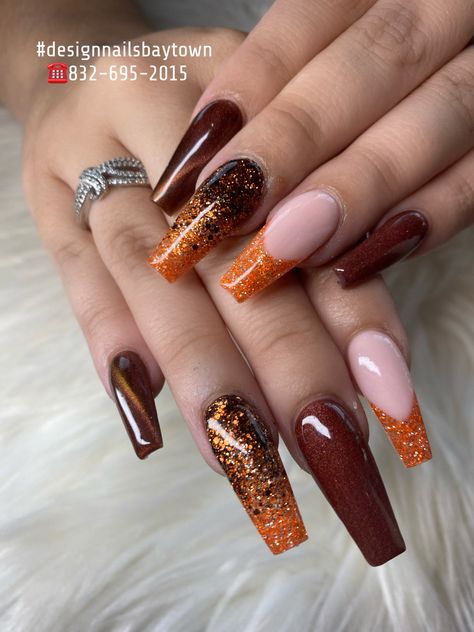 Short Fall Set Nails, Orange And Gold Fall Nails, Autumn Bling Nails, Harvest Acrylic Nails, Orange Fall Nails With Glitter, November Nail Art Fall, Fall Nails 2024 Burnt Orange, Birthday Nail Designs, Fall Gel Nails