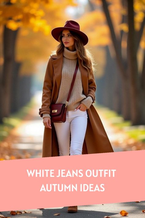 White Jeans Outfit Autumn Ideas Fall Outfit With White Pants, White Jeans Outfit Fall 2024, White Denim Fall Outfit, White Pants In Fall Outfit, White Jean Fall Outfit, White Jeans Autumn Outfit, Fall Outfits With White Jeans, White Jeans With Boots, Fall White Pants Outfit