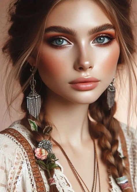 Sun-Kissed & Free: Enhance your natural beauty with a bronzed glow, a touch of rosy blush, and fluttery lashes. This effortless boho look is perfect for carefree summer days. Boho Makeup Ideas, Boho Makeup Looks, Burnt Orange Eyeshadow, Country Makeup, Retro Makeup Looks, Rosy Blush, Boho Makeup, Smokey Eye Easy, Embrace Natural Beauty