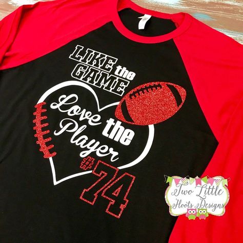 Like the Game Love the Player Football Shirt  Glitter Football Tee  3/4 length  colored Sleeves  Raglan Tee - Love Shirts - Ideas of Love Shirts - #loveshirts #lovetee #lovetshirts - Football Shirt Designs For Girlfriends, Football Girlfriend Shirts, Sports Shirts Ideas, Football Boy, Football Girlfriend, Football Shirt Designs, Senior Football, Player Football, Sports Mom Shirts