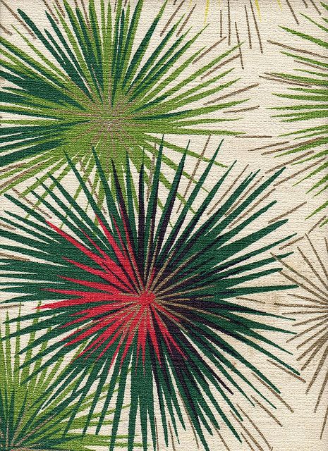 50s barkcloth drapes—  abstract pine shapes were a standard in mid-century design. Drape Pattern, Motif Jungle, Design Textile, Vintage Textiles, Design Graphique, Textile Patterns, Palm Leaves, Mid Century Design, Surface Pattern