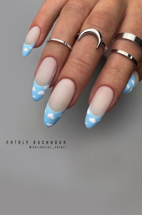 Cloud Nails French Tip, Cloud French Tip Nails, Simple Nail Designs Clouds, Blue Cloud French Tip Nails, Gel Nail Designs Clouds, Drake Nails, Blue Cloud Nails, Blue Nail Polish Colors, Wicked Nails