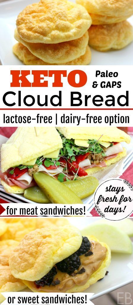 *Cloud Bread*~ KETO, Paleo, GAPS Diet {High Protein, Low-Carb, Lactose-free!; DAIRY-FREE option!} #keto #paleo #bread #cloudbread #gapsdiet #grainfree #lactosefree Grain Free Bread Recipe, Keto Brood, Eat Beautiful, Bread Keto, Grain Free Bread, Dairy Desserts, Lactose Free Diet, Paleo Bread, Gaps Diet