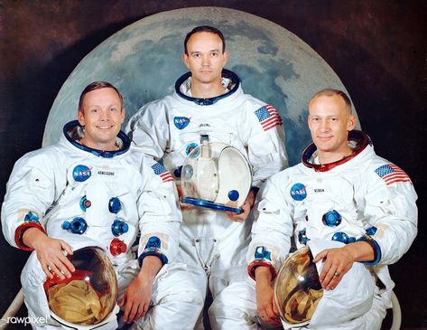 The official crew portrait of the Apollo 11 astronauts from left to right are: Neil A. Armstrong, Commander; Michael Collins, Module Pilot; Edwin E. "Buzz" Aldrin, Lunar Module Pilot. Original from NASA. Digitally enhanced by rawpixel. | free image by rawpixel.com / NASA (Source) Apollo 11 Crew, Apollo 11 Moon Landing, Apollo 11 Mission, Lunar Landing, Michael Collins, Buzz Aldrin, Astronaut Art, Moon Missions, Cape Canaveral