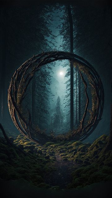 Magical Nature Aesthetic, Stygian Blue, Fantasy Circle, Doorway Art, Glowing Tree, The Cabin In The Woods, Tree Circle, Book Cover Background, Portal Art