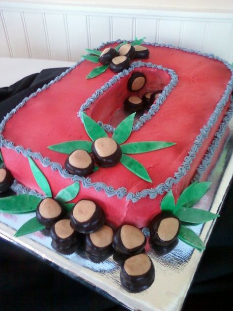 Cake is covered with buttercream. Buckeye candies and the leaves are made from fondant Buckeye Crafts, Ohio State Birthday Party, Buckeye Baby, Buckeye Projects, Ohio Buckeyes, Ohio State Cake, Buckeye Cake, Buckeye Candy, Buckeyes Candy