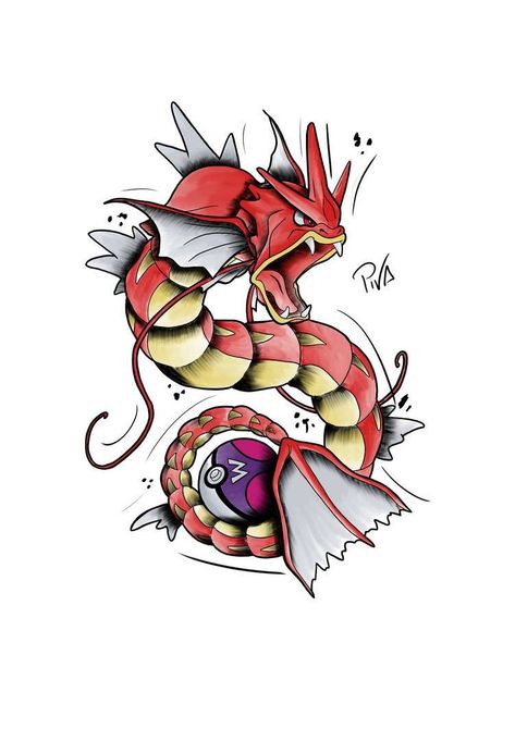 Gyarados Tattoo, Pokeball Tattoo, Shiny Gyarados, Pokemon Gyarados, Sailor Jerry Tattoo Flash, Pokemon Tattoos, Pokemon World, Old Pokemon, Pokemon Dragon