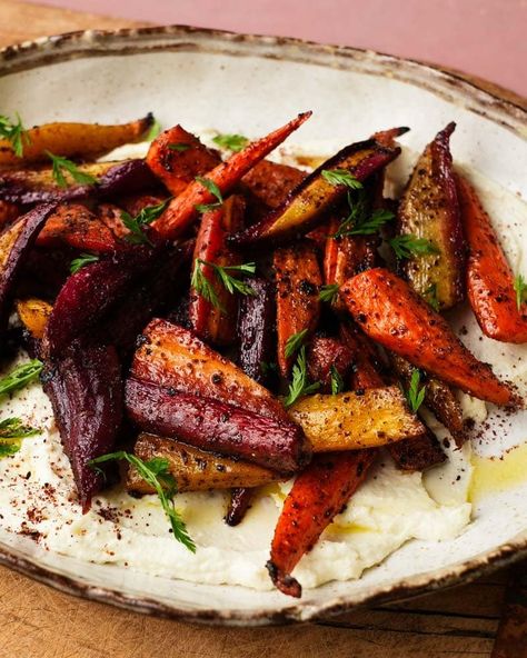 Honey and Sumac Roasted Carrots with Ricotta | Lindsey Eats Roasted Carrots Ricotta, Roasted Carrots With Whipped Ricotta And Hot Honey, Honey Roasted Vegetables, Roots Recipes, Sumac Recipes, Purple Carrots, Carrot Desserts, Honey Carrots, Carrot Recipe