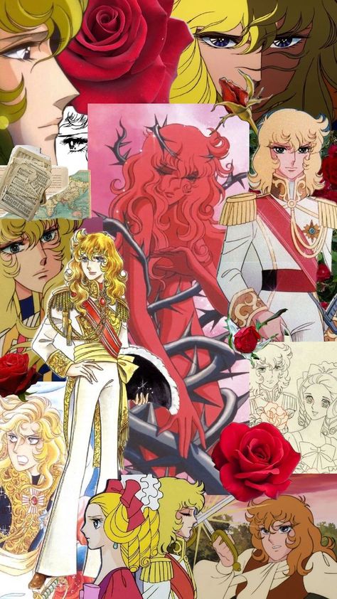 Phone wallpaper, a collage made of images of Lady Oscar from "The Rose of Versailles". The colour palette is bright with predominantly red and yellow. The Rose Of Versailles, Anime Characters Birthdays, Rose Of Versailles, Persona Anime, Lady Oscar, Alt Clothes, D Gray, Old Anime, The Rose