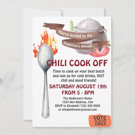 Chili Cook Off Invitation  Zazzle Chili Cook Off Party, Blue Gold Wedding Invitation, Communion Invitations Boy, Chili Party, Invitation Examples, Chili Soup, Chili Cook Off, Business Invitation, Creative Invitations