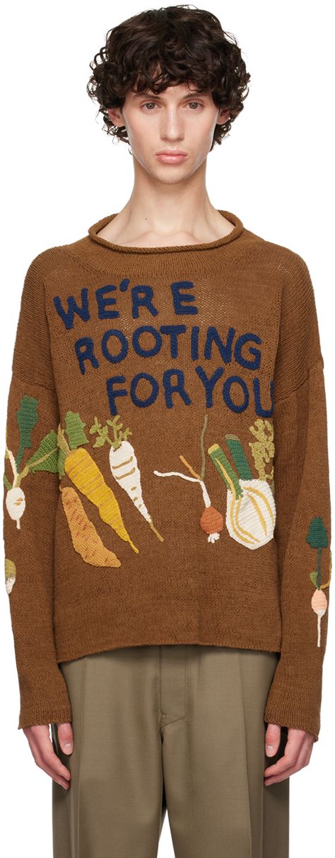 Find STORY MFG. Brown Twinsun Sweater on Editorialist. Hand-knit and hand-dyed organic cotton sweater. · Rolled edge at funnel neck · Hand-crocheted text and graphic appliqués at front · Dropped shoulders Supplier color: Brown rooting for you Fall Graphic Sweaters, Needle Felted Sweater, Embroidery On Sweaters, Orange Sweater Outfit, Solarpunk Fashion, Postpartum Fashion, Story Mfg, Nautical Sweater, Rollneck Sweater