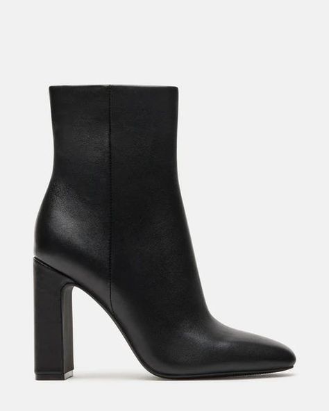 ALLISON BLACK LEATHER | Steve Madden (US) Shoe Capsule, Black Booties Outfit, Black Boot Heels, Unusual Outfits, Boots Steve Madden, Sneakers Heels, Booties Outfit, Sleek Chic, Tour Outfits