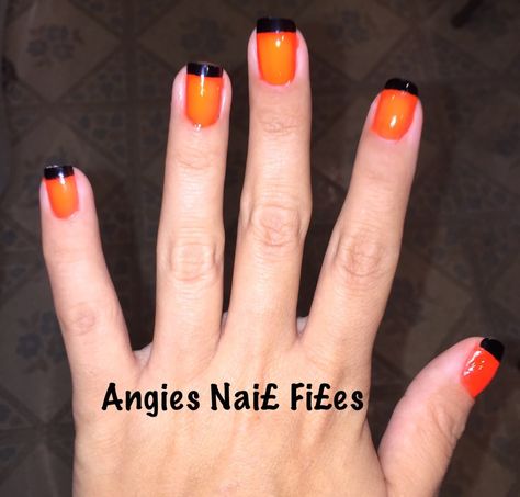 Black And Orange Nails French Tip, Halloween Orange French Tip Nails, Orange Nails With Black Tips, Orange With Black Tip Nails, Black And Orange French Tip Nails, Orange Nail Black Tip, French Tips Ideas, Neon French Tips, Wedding Nails French