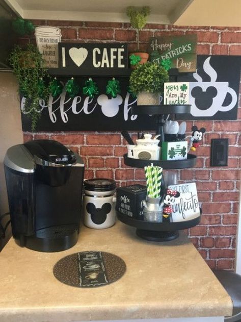 Mickey Coffee Bar, Disney Coffee Bar, Mickey Mouse Home Decor, Disney Farmhouse, Disney Christmas Crafts, Happy Cafe, Disney House Ideas, Disney Kitchen Decor, Disney Coffee