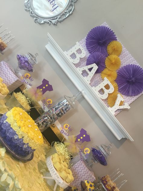 Purple And Yellow Gender Reveal, Purple And Yellow Gender Reveal Ideas, Purple And Yellow Baby Shower Ideas, Yellow Baby Shower Theme, Spoiled Baby, Sunflower Baby Showers, Baby Shower Yellow, Baby Shower Purple, Yellow Bee