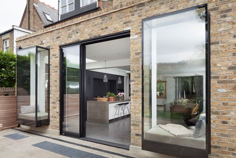 Large Sliding Doors, Kitchen Sliding Doors, Sliding Doors Exterior, Window Seat Design, Contemporary Windows, Open Plan Kitchen Living Room, London Kitchen, Modern Extension, Edwardian House