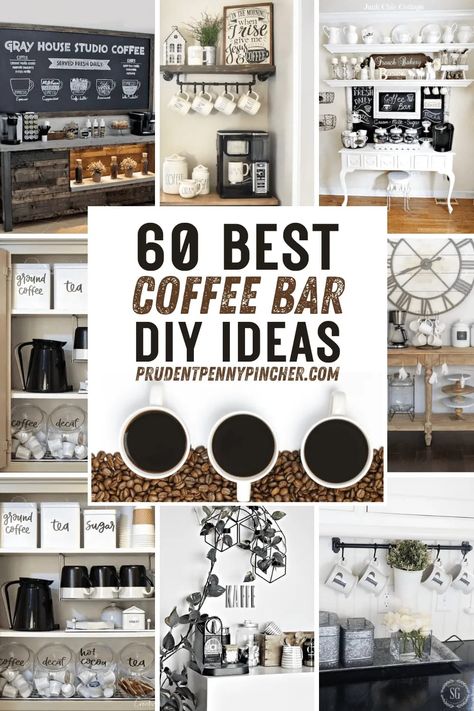 From coffee corners for small spaces to large coffee stations ideas, there are plenty of DIY coffee bar ideas for the home to choose from that are perfect for coffee lovers.  Make your cup of coffee extra special with these home coffee station ideas. There are DIY projects to match any style of home decor including farmhouse, rustic, modern and more that will allow you to give your space a personal touch. These bar ideas are also great for guests. Baskets For Coffee Bar, Coffee Bar Farmhouse Style, Mini Coffee Bar Small Spaces, Coffee Bar Wall Decor, Junk Chic Cottage, Coffee Bar Ideas, Coffee Stations, Ninja Coffee, Diy Coffee Bar