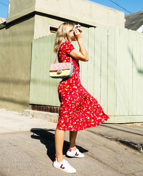 The Chic French Trainers That Are Taking Over London Right Now Satin Dress With Sneakers, Retro Plaid Dress, Veja Trainers, Trainers Outfit, Lucy Williams, Sneaker Outfits, Vogue Uk, Split Dress, Emily Ratajkowski