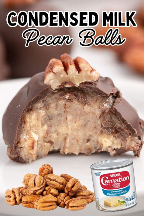 Condensed Milk Pecan Balls Condensed Milk Candy Recipes, Recipes For Sweetened Condensed Milk, Condensed Milk Pecan Balls, Pecan Candy Recipe Condensed Milk, No Bake Pecan Pie Balls, Things To Make With Condensed Milk, Christmas No Bake Desserts, Sweet Condensed Milk Desserts, Condensed Milk Candy