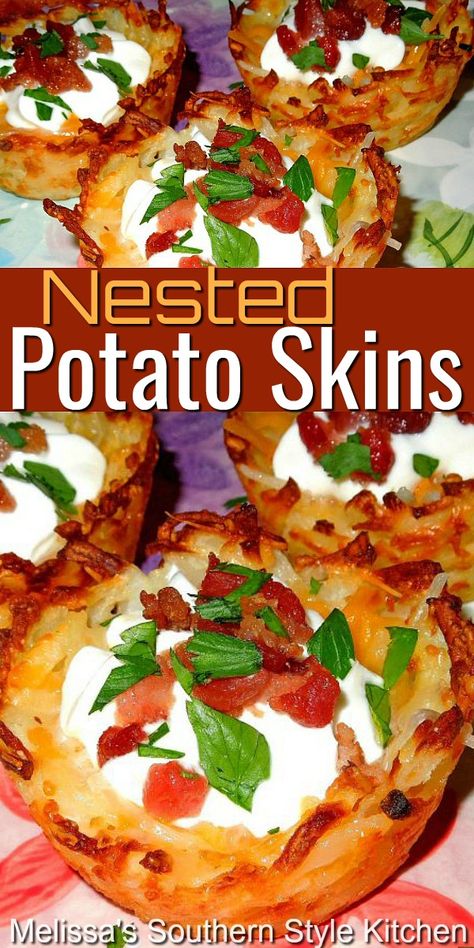 These crispy Nested Potato Skins a.k.a. potato skin nests are always the first appetizer to disappear #potatonests #nestedpotatoskins #potatoskins #appetizers #dinnerideas #sidedishrecipes #potatoes #hashbrowns #southernrecipes #southernfood Potatoes Hashbrowns, Lemon Sour Cream Pound Cake, Budget Dinners, College Recipes, Potatoe Skins Recipe, Best Potato Recipes, Potato Appetizers, Southern Breakfast, Pantry Recipes