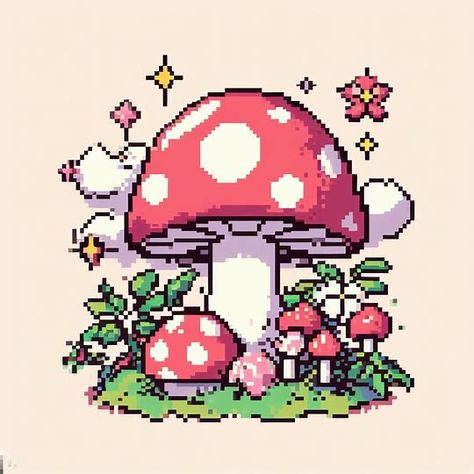 Pixel Art Mushroom, Mushroom Video, Mushroom Pixel Art, Mushroom Pixel, Sticker Mushroom, Pixel Art Sticker, Mushroom Aesthetic, Magical Mushroom, Art Mushroom