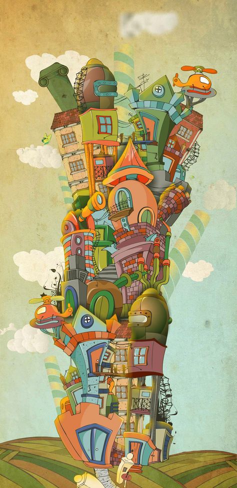 “Tower City” by Robert Filip Whimsical People, Imaginary City, Tower City, Comic Inspiration, Cool Doodles, Dr Suess, House Illustration, Airbrush Art, Matte Painting