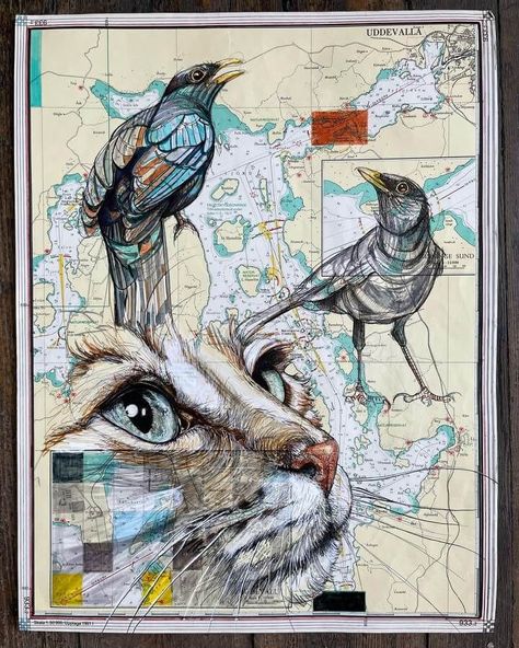 Ink Animal Drawing. On a Map. Gcse Art Sketchbook Animals, Mixed Animals Drawing, Mixed Media Animals, Pc Drawing, Biro Drawing, Map Ideas, Dream Classroom, Inktober 2023, Wildlife Painting