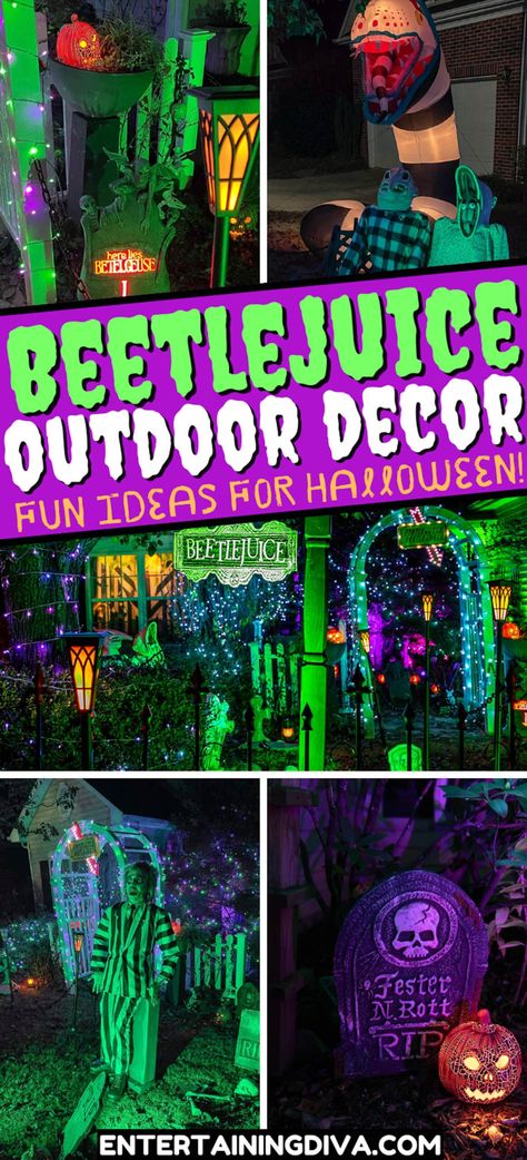 Beetlejuice Outdoor Decor Ideas For Your Halloween Yard | Halloween Beetlejuice House, Halloween Juice, Outdoor Decor Ideas, Beetlejuice Halloween, Halloween Inflatables, Ideas For Halloween, Halloween Yard Decorations, Halloween Decorating, Halloween Yard